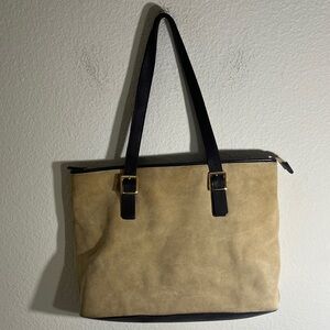 Levenger Tan Suede Tote with Black Straps